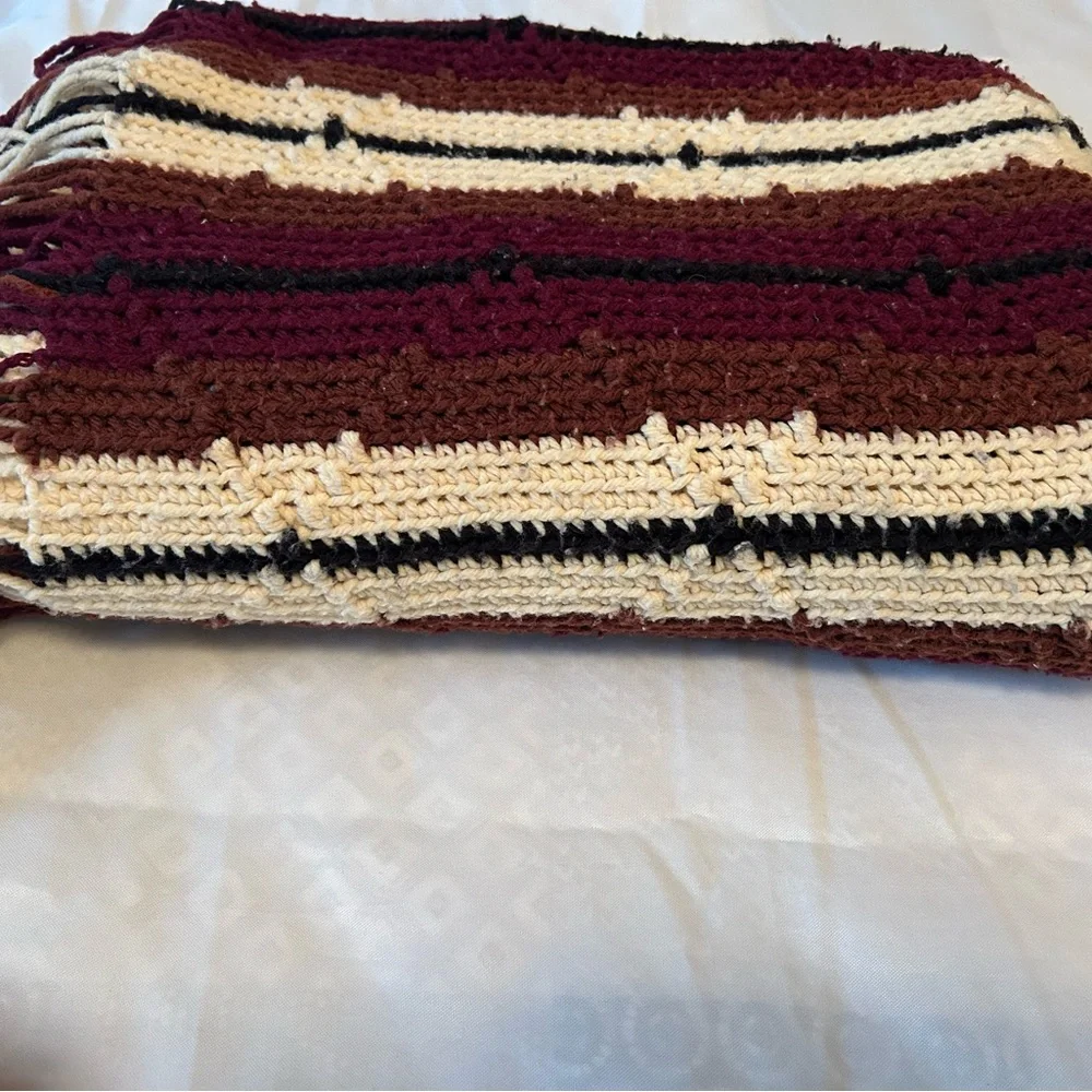 Vintage Crochet Brown Cream Stripe Handmade Blanket Throw Afghan with fringe